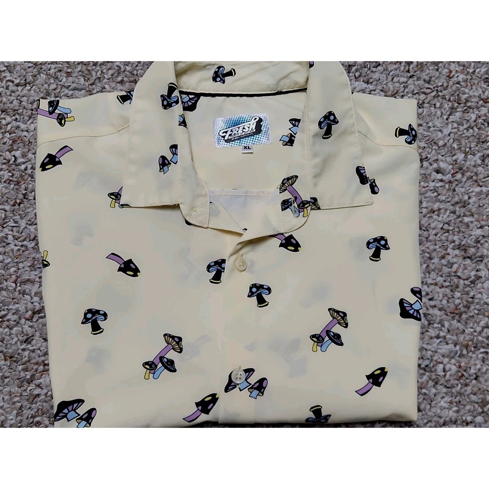 Fresh Prints‎ of Bel-Air Mushroom Shroom Button Up Shirt XL Pale Yellow